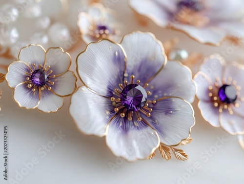 Elegant white and purple floral jewelry pieces featuring gold accents and sparkling amethyst gemstone center stones