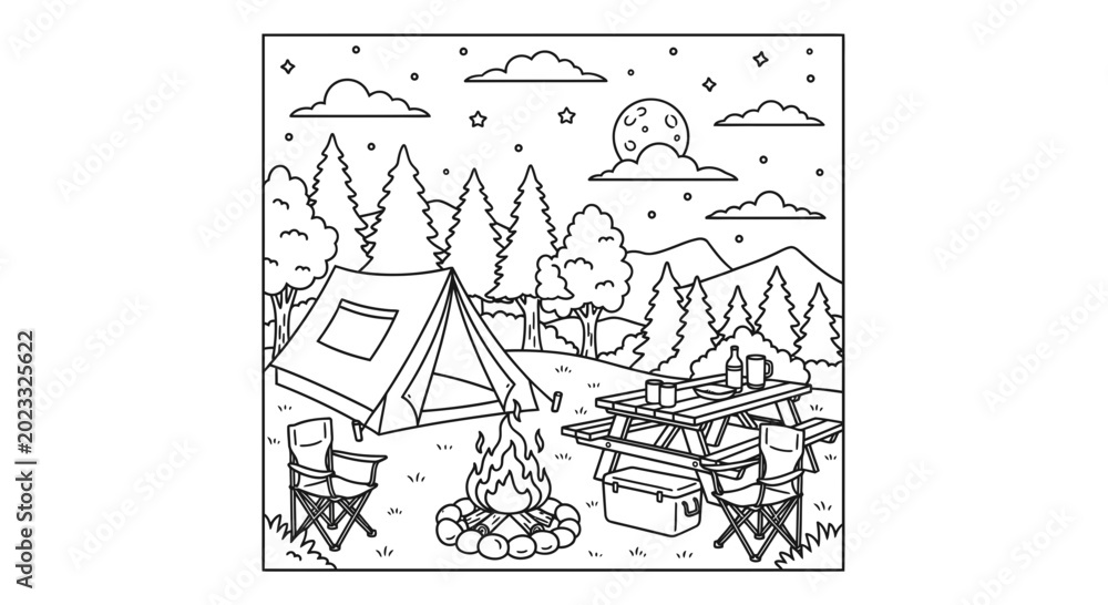 Obraz premium Camping Scene Line Art Illustration with Tent Campfire and Picnic Table in the Forest for Coloring Book