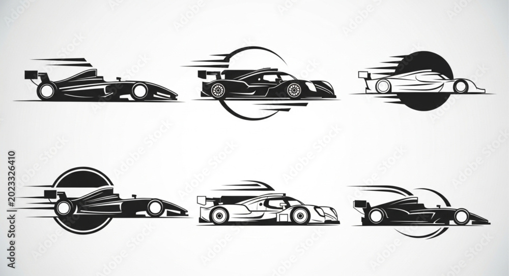Fototapeta premium Set of six stylized racing car illustrations with motion blur effect.