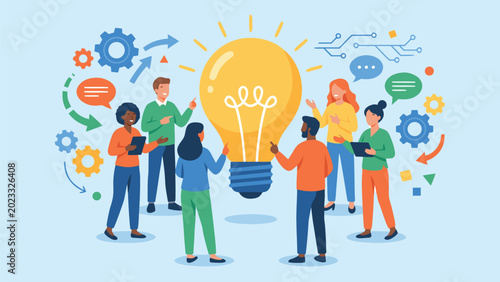 Diverse Group of People Brainstorming and Sharing Creative Ideas Around a Giant Glowing Lightbulb with Abstract Shapes, Gears, and Circuit Lines Representing Innovation and Teamwork Success.