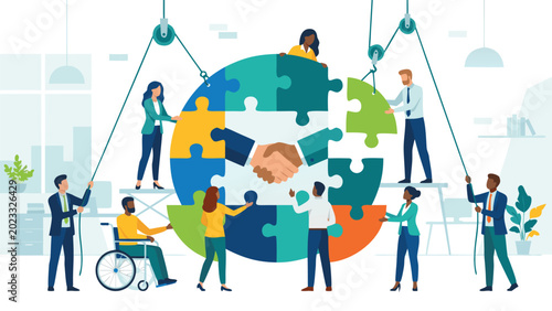 Diverse Business Team of Professionals Collaborating to Assemble a Giant Circular Jigsaw Puzzle with a Handshake Center, Representing Partnership, Inclusion, Teamwork, and Corporate Success.