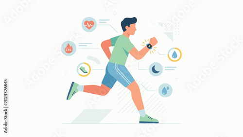 Flat vector illustration of a man jogging or running while wearing a smartwatch, surrounded by floating digital health icons for heart rate, calories, steps, sleep, and hydration tracking.