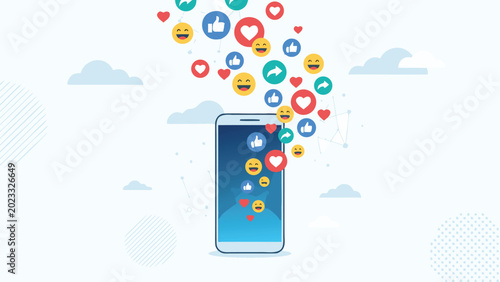 Vector Illustration of a Smartphone with Social Media Icons like Hearts, Thumbs Up, and Emojis Floating Out of the Screen, Representing Viral Content, Engagement, and Digital Communication.