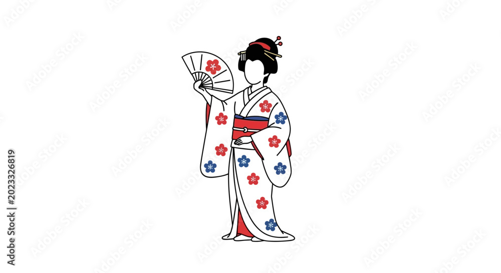 Obraz premium Geisha Woman in Kimono Holding Fan - White Background