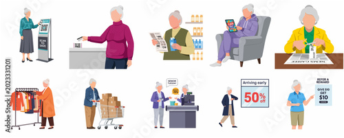 Obraz na plátne Senior Woman Using Discounts and Coupons for Smart Shopping Flat Vector Illustra