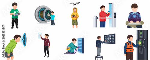 Quadro su tela Children Interacting with High Tech Security and Digital Systems Illustration Se