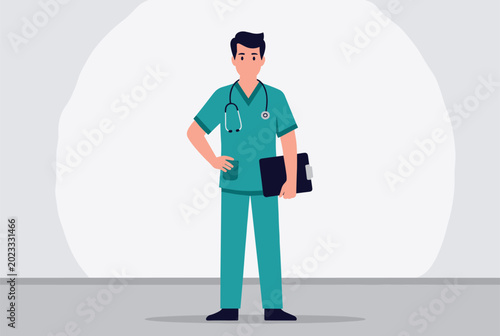 Male healthcare worker in professional green medical scrubs holding a clipboard while standing in a clinical setting on a light gray background.
