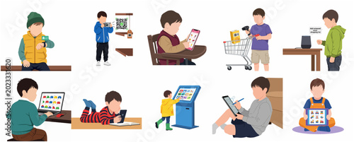 Valokuva Set of vector illustrations featuring a young boy interacting with modern technology, smart devices, and digital services for shopping, education, and home automation