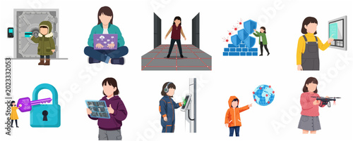 Foto Set of illustrations showing children using advanced technology, cybersecurity, digital safety, and modern electronic devices in a flat design style