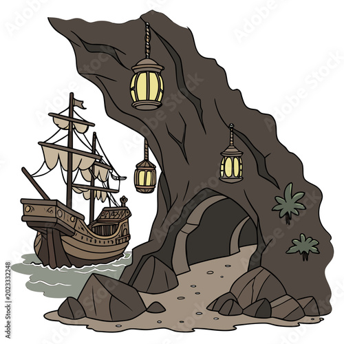 Schilderij op canvas pirate ship in hidden harbor flat vector illustration with white background