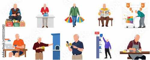 Cuadro en lienzo Flat vector illustration set of senior man engaged in various shopping activities, budgeting, using discounts, and retail consumerism habits