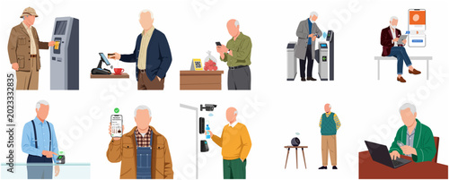 Foto Set of senior men using modern technology, digital payment systems, and smart de
