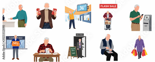 Photos Elderly Men Shopping and Using Discounts Collection, Senior Citizens Saving Mone