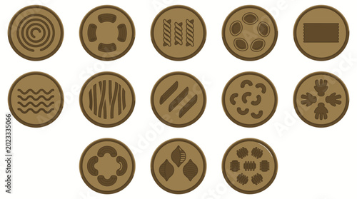 10 Pasta Extruder Bronze Dies Vector Illustrations for Chefs � Professional Noodle Making Design Elements