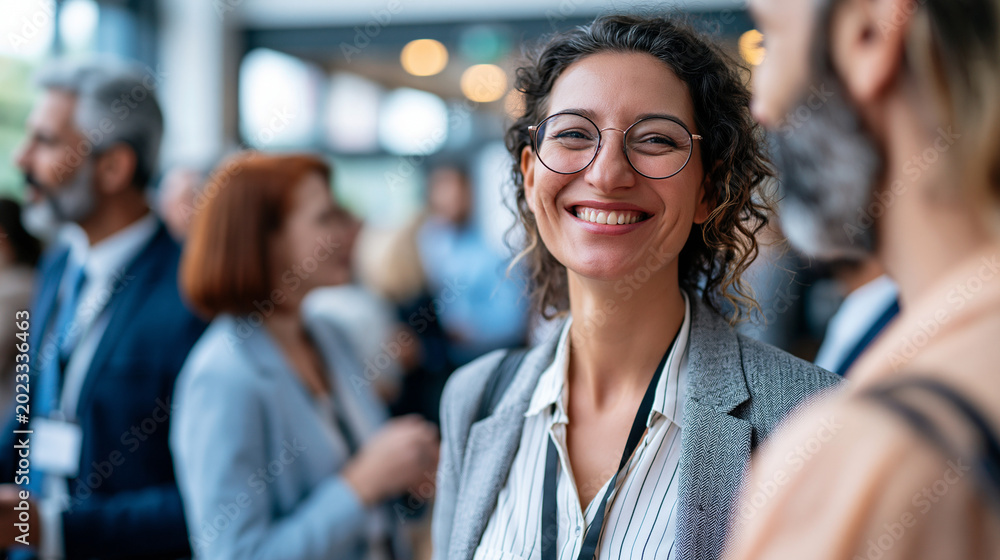 Fototapeta premium Diverse group of business professionals at a daytime networking conference, standing in clusters and engaged in relaxed but professional conversation, smiling and exchanging ideas,