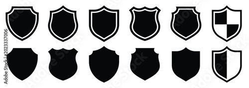 Shield badge icon set in solid and outline styles. Heraldic protection symbols for security, defense, emblem, logo, armor, medieval crest, insurance, privacy, and military design.