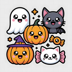 Cartoon Halloween stickers of ghost cat pumpkin candy and stars on gray background transparent background