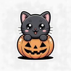 Cute cartoon black cat sitting inside a Halloween jackolantern pumpkin toy transparent background