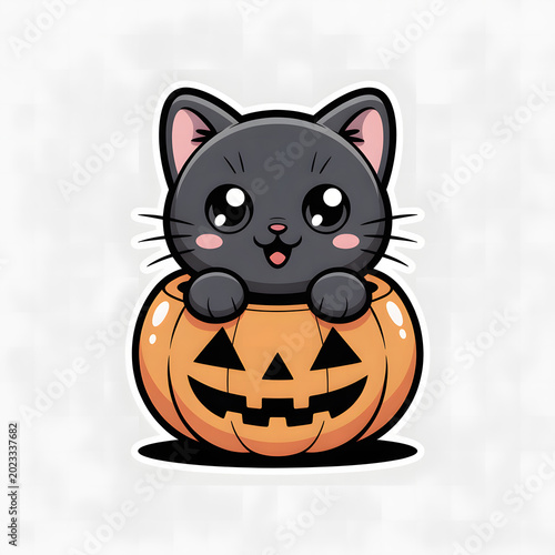 Cute cartoon black cat sitting inside a Halloween jackolantern pumpkin toy transparent background
