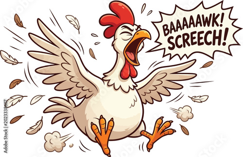 Bild auf Leinwand Funny screaming chicken cartoon illustration, angry hen squawking with speech bu