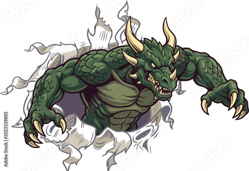 Tableau sur toile Powerful green dragon mascot ripping through paper background, muscular fantasy