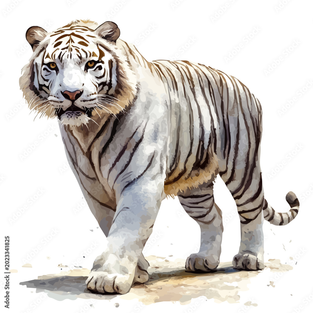 Obraz premium White Tiger, soft hand-painted watercolor illustration, isolated on a white background.