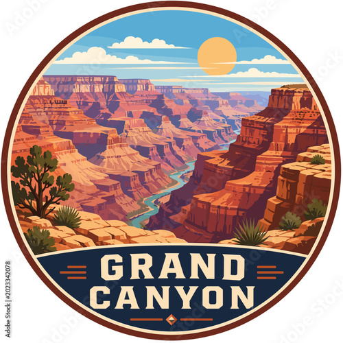 Travel badge vector for Grand Canyon with layered rock cliffs and desert sun in a scenic travel emblem desig