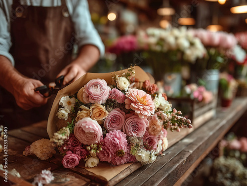 Florist hands holding a beautiful romantic bouquet over a gift wrapped package in a rustic flower shop workshop. AI generated