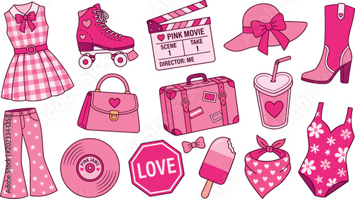 Obraz na plátně Cute pink fashion and lifestyle sticker collection with trendy accessories, clot