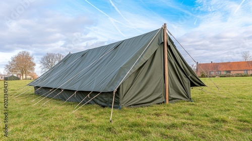 Vintage military camp with green army tents in a grassy field during World War II reenactment