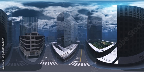 Panorama of the city. Environment map. HDRI map. equidistant projection. Spherical panorama.
3D rendering