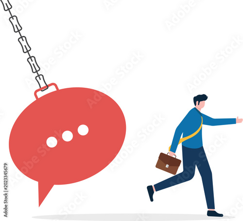 Foto Professional running away from a chat bubble wrecking ball