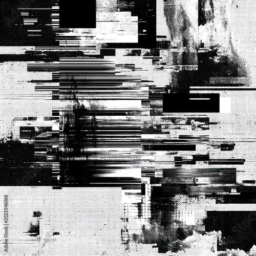 Abstract digital glitch art design in black and white