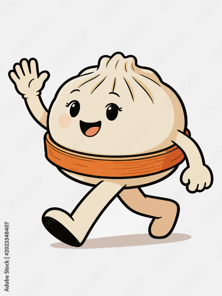 Obraz premium Cute Steamed Bun Mascot Walking and Waving Hand