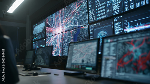 Dimly lit control room with multi-panel video wall showing radiating network map and foreground monitor, desk-level view
