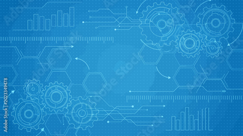 Technology concept with gears and graphs on blue background