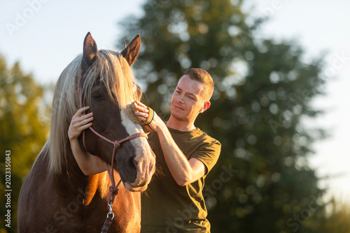Man caring for horse during hippotherapy session on sunny day. Animal assisted therapy, rehabilitation, outdoor activity and healthcare concept.