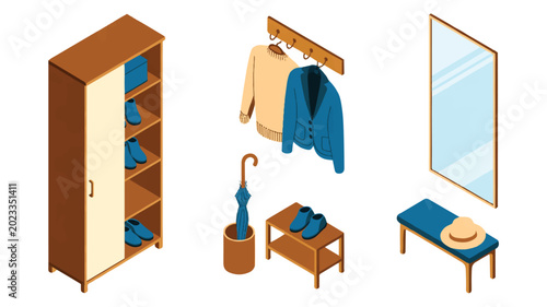 Isometric view of various clothing and furniture items for daily use in a room