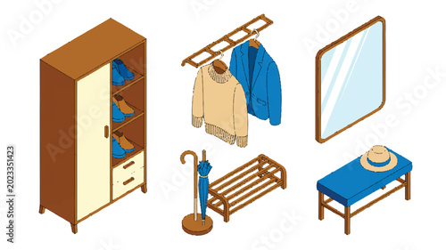 Isometric view of various clothing and furniture items for dressing room