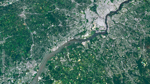 Schilderij op canvas Philadelphia Urban Area in the USA Viewed from Space – Delaware River, Cityscape
