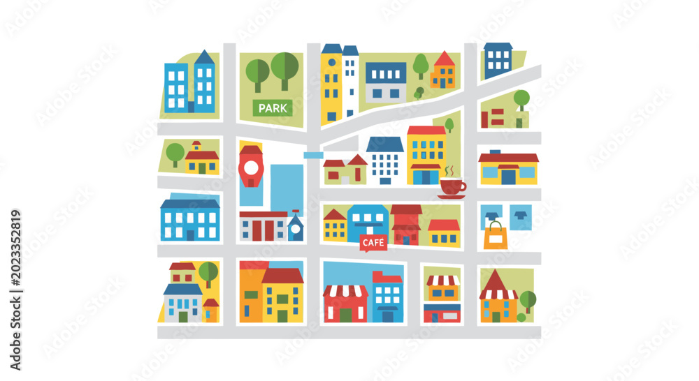 Fototapeta premium Colorful Flat Illustration of a City Map with Buildings, Streets, and Park for Urban Planning or Navigation Concepts