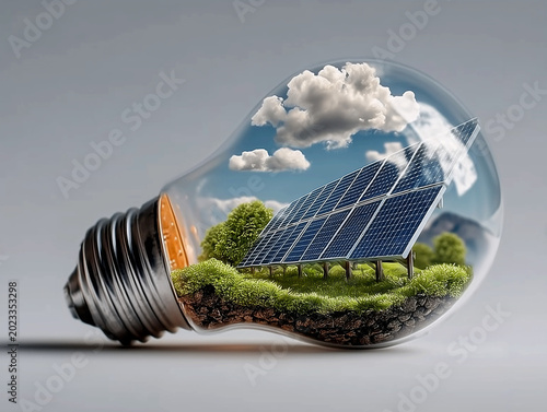 Solar panels with green grass and clouds inside a glass light bulb, renewable green energy concept. AI generated