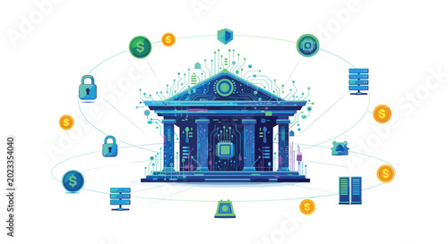 An architectural illustration of a banking institution integrated with complex circuit board patterns surrounded by digital server towers and financial security icons in blue.