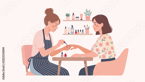 Flat vector illustration of a professional manicurist applying red nail polish to a client's fingernails in a cozy beauty salon, featuring feminine pastel colors and skincare products on shelves.