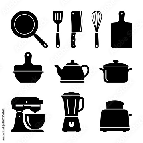 Kitchen Appliances and Cooking Utensils Silhouette Icons Vector Set