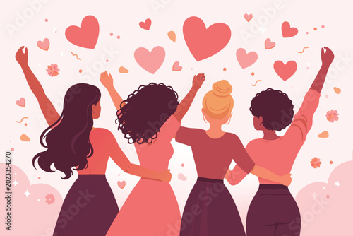 Diverse Group of Women Celebrating Galentine's Day with Arms Raised and Hugging, Surrounded by Floating Pink Hearts and Confetti, Vector Illustration of Female Friendship, Love, and Unity.