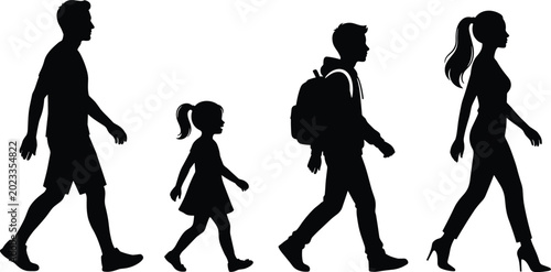 Full body silhouette of family walking side view with father daughter little girl school boy wearing backpack and mother vector,