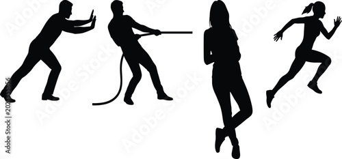 Foto People silhouettes pushing pulling rope standing and running representing teamwo