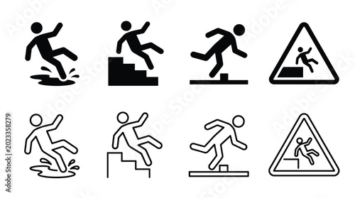 Bilde på lerret slipping hazard icons set black and white line art