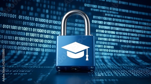 Cybersecurity Lock with Graduation Cap Icon Representing Education Security in Digital Technology Environment